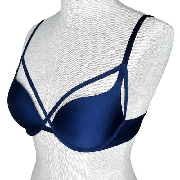 Victoria's Secret Push Up Bra sz 32B * Strappy Cage Bra Navy Blue Padded Pushup - Picture 2 of 7